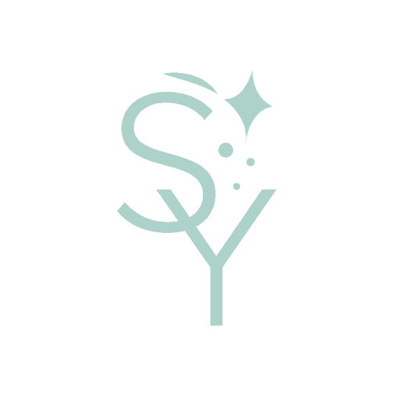 The sy logo on a black background with a stylish web design.