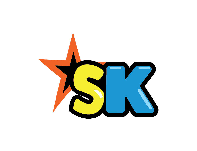 The sk logo on an orange background designed by a web designer.