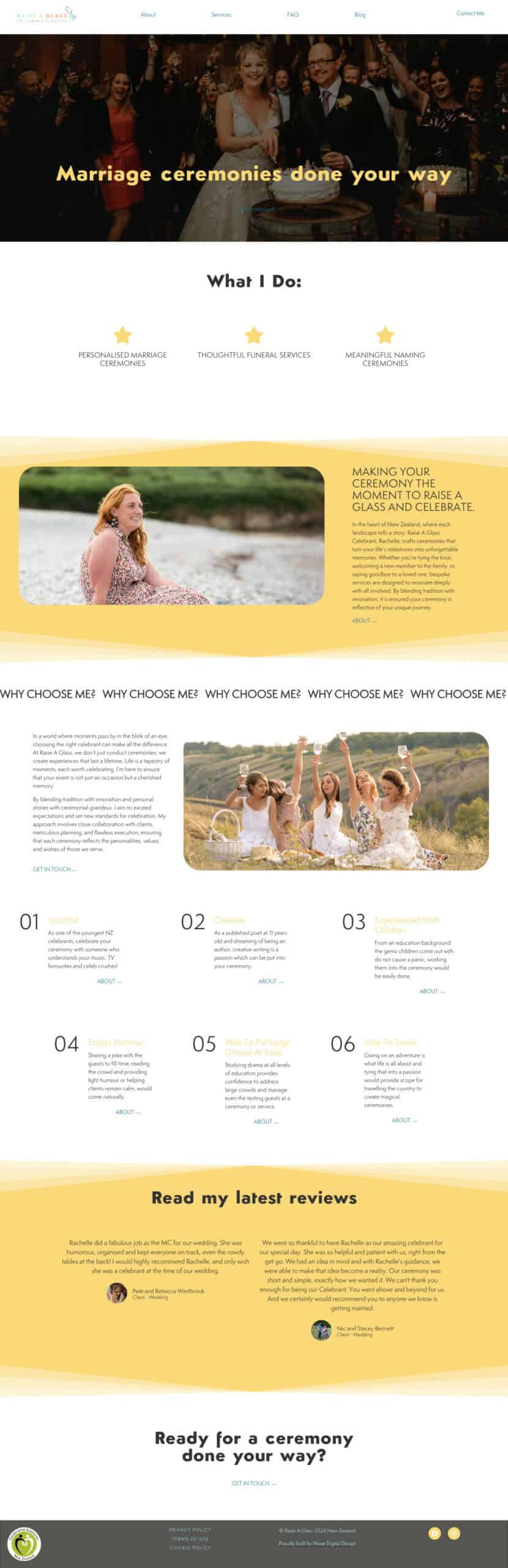 A webpage layout for a wedding celebrant’s services, featuring sections titled "Ceremony ceremonies done your way", a diverse wedding photo, three personal service offers, reasons to choose her, and customer reviews.